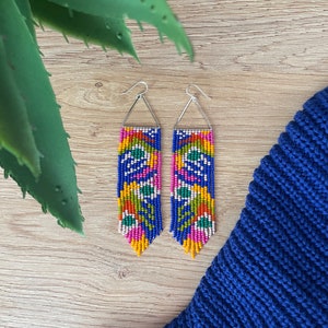 Bright beaded earrings Tropical colors seed bead earrings Fringe beaded earrings Floral bead earrings Triangle beaded earrings Gift for her