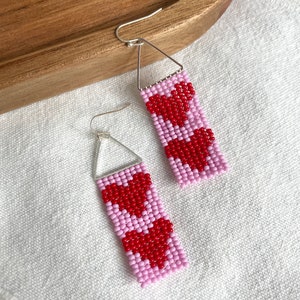 Red heart beaded earrings Heart seed bead earrings Valentine's day gift Red Pink heart earrings Valentine Gift for her Modern bead earrings image 8