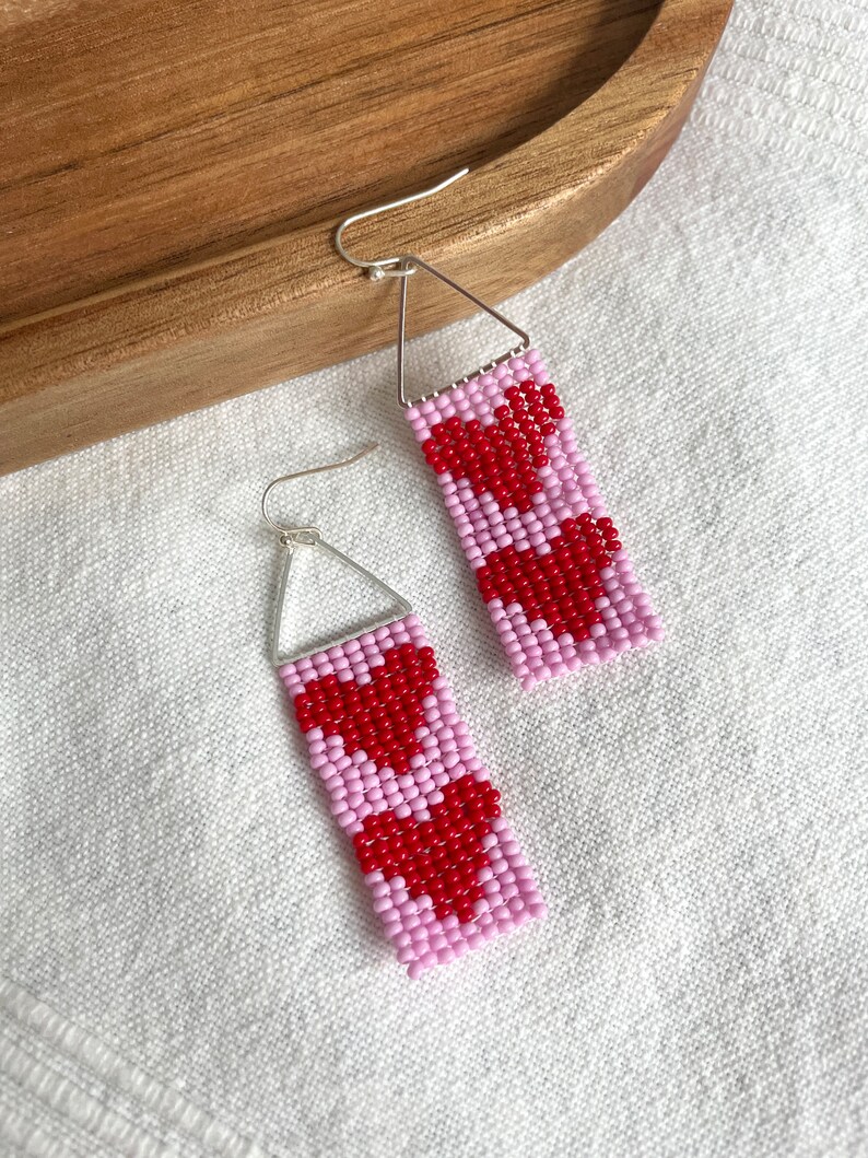 Red heart beaded earrings Heart seed bead earrings Valentine's day gift Red Pink heart earrings Valentine Gift for her Modern bead earrings image 8