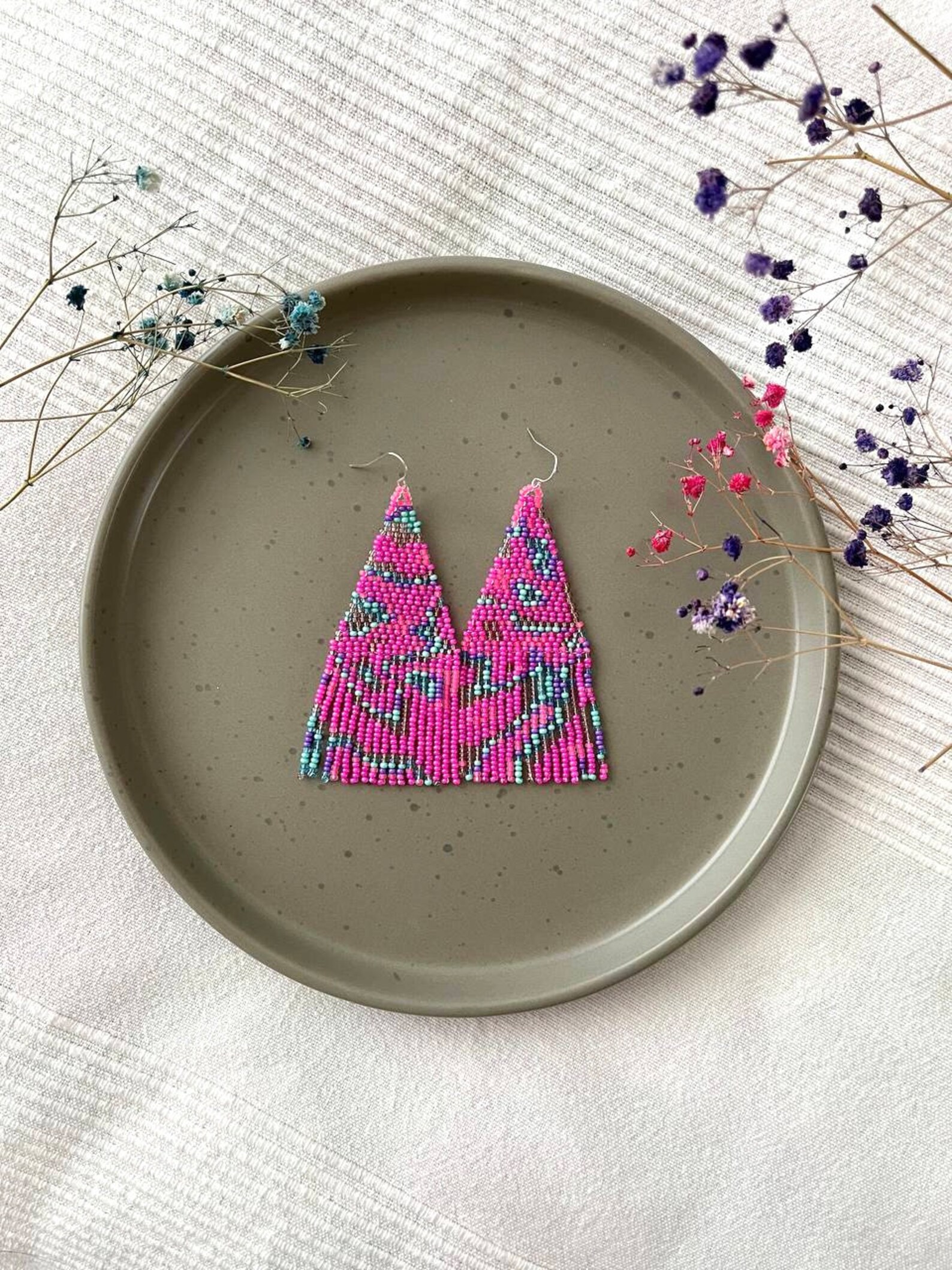 Pink Beaded Earrings Neon Pink Seed Bead Earrings Fringe Beaded ...
