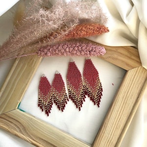 Burgundy beaded earrings Ombre seed bead earrings Fringe beaded earrings Long bead earrings Gift for her Bohemian earrings Evening earrings