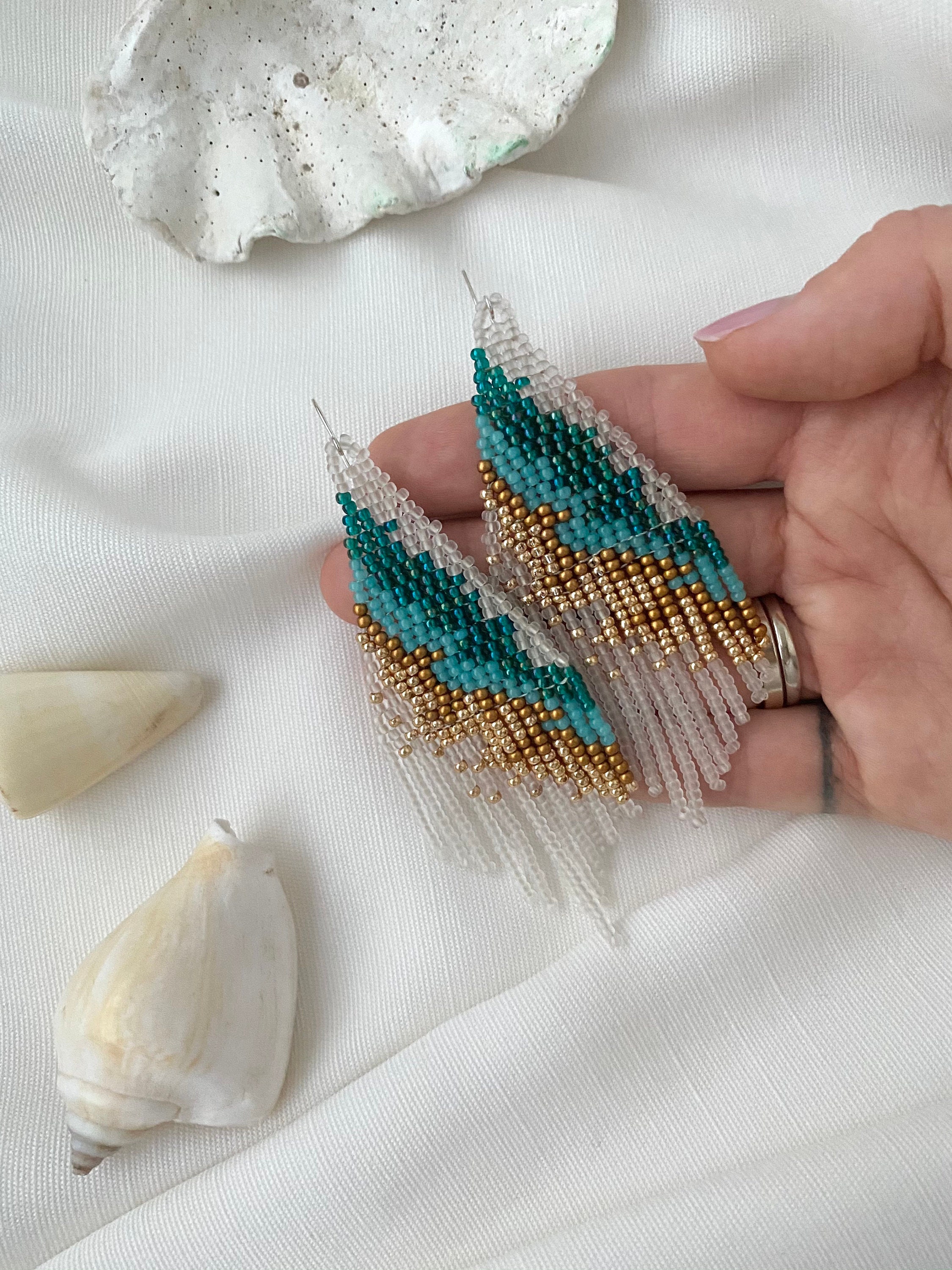 Turquoise beaded earrings Aquamarine Geode Seed bead earrings | Etsy