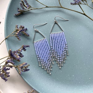 Blue beaded earrings Aquamarine seed bead earrings Fringe bead earrings Tassel Earrings Triangle beaded Earrings Bright silver Gift For Her