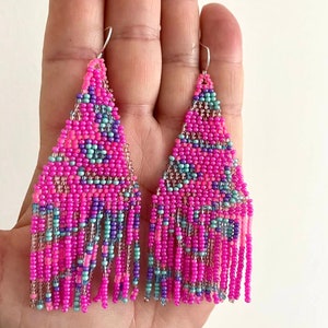 Pink Beaded Earrings Neon Pink Seed Bead Earrings Fringe Beaded ...