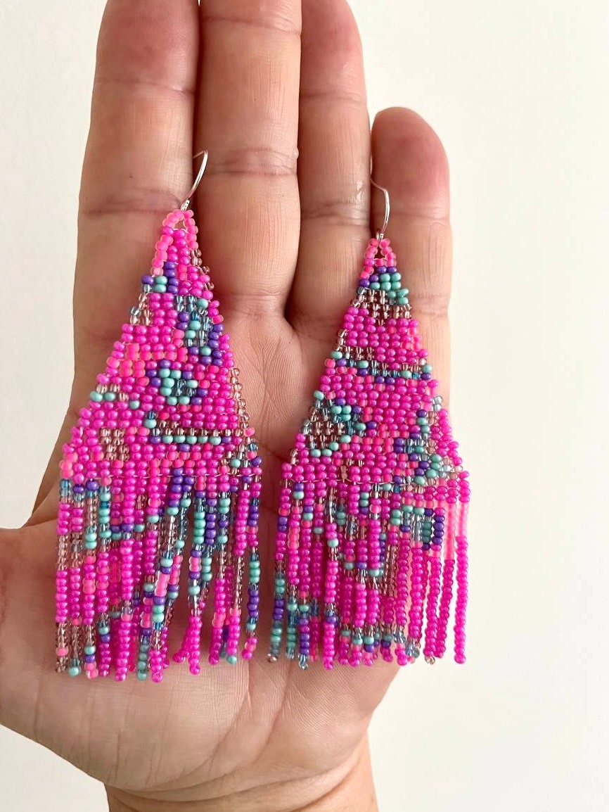 Pink Beaded Earrings Neon Pink Seed Bead Earrings Fringe Beaded ...