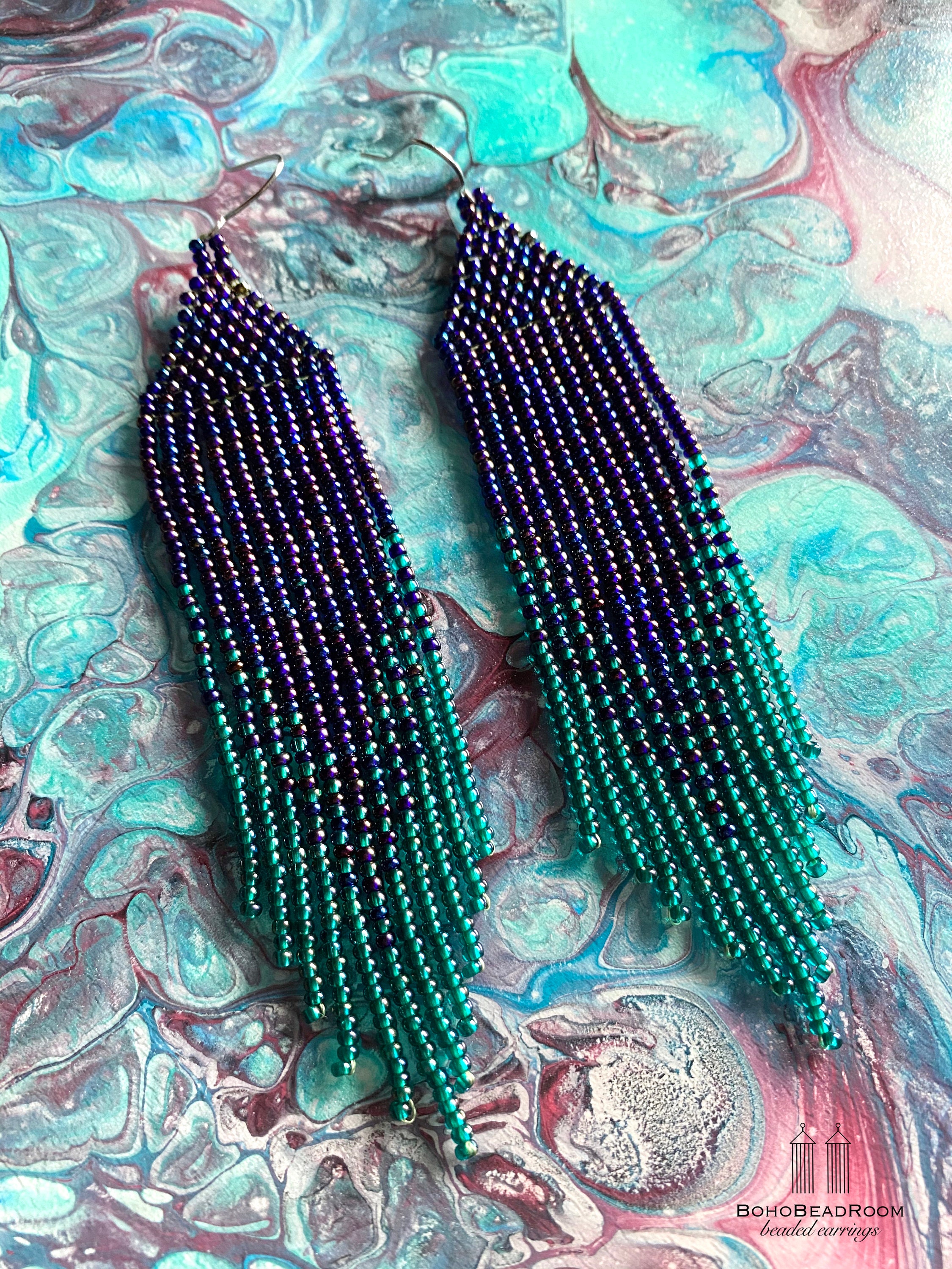 Navy Blue Beaded Earrings Fringe Seed Bead Earrings Blue Green Fringe ...