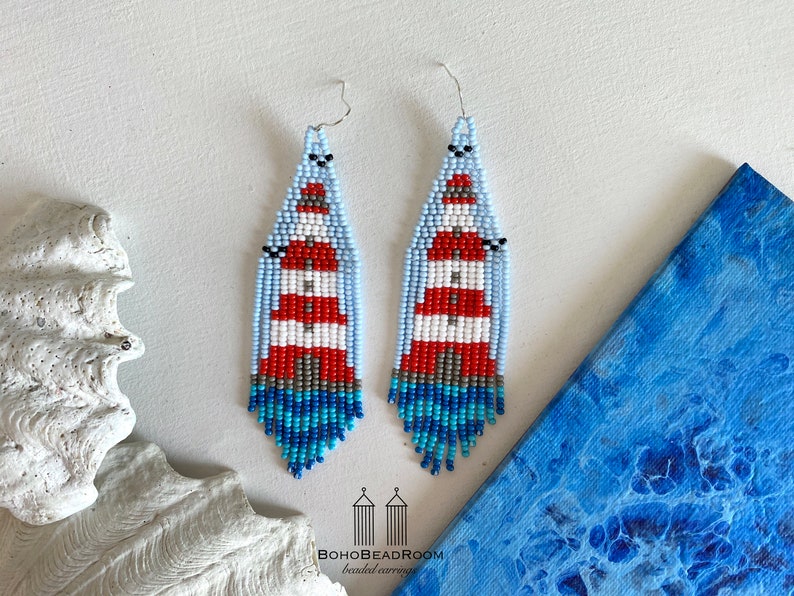 Lighthouse beaded earrings Vacation seed bead earrings Sea Etsy