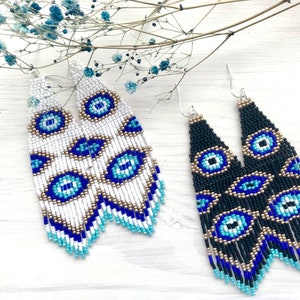 Evil eye beaded earrings Seed bead earrings Fringe Dangle earrings Chandelier earrings Turkey eye bead earrings Gift for her Boho earrings