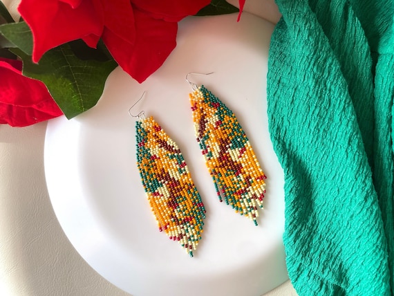 Abstract beaded earrings Autumn style fringe seed bead earrings Green,Orange,Brown beaded earrings Boho,gypsy,bohemian jewelry Gift for her