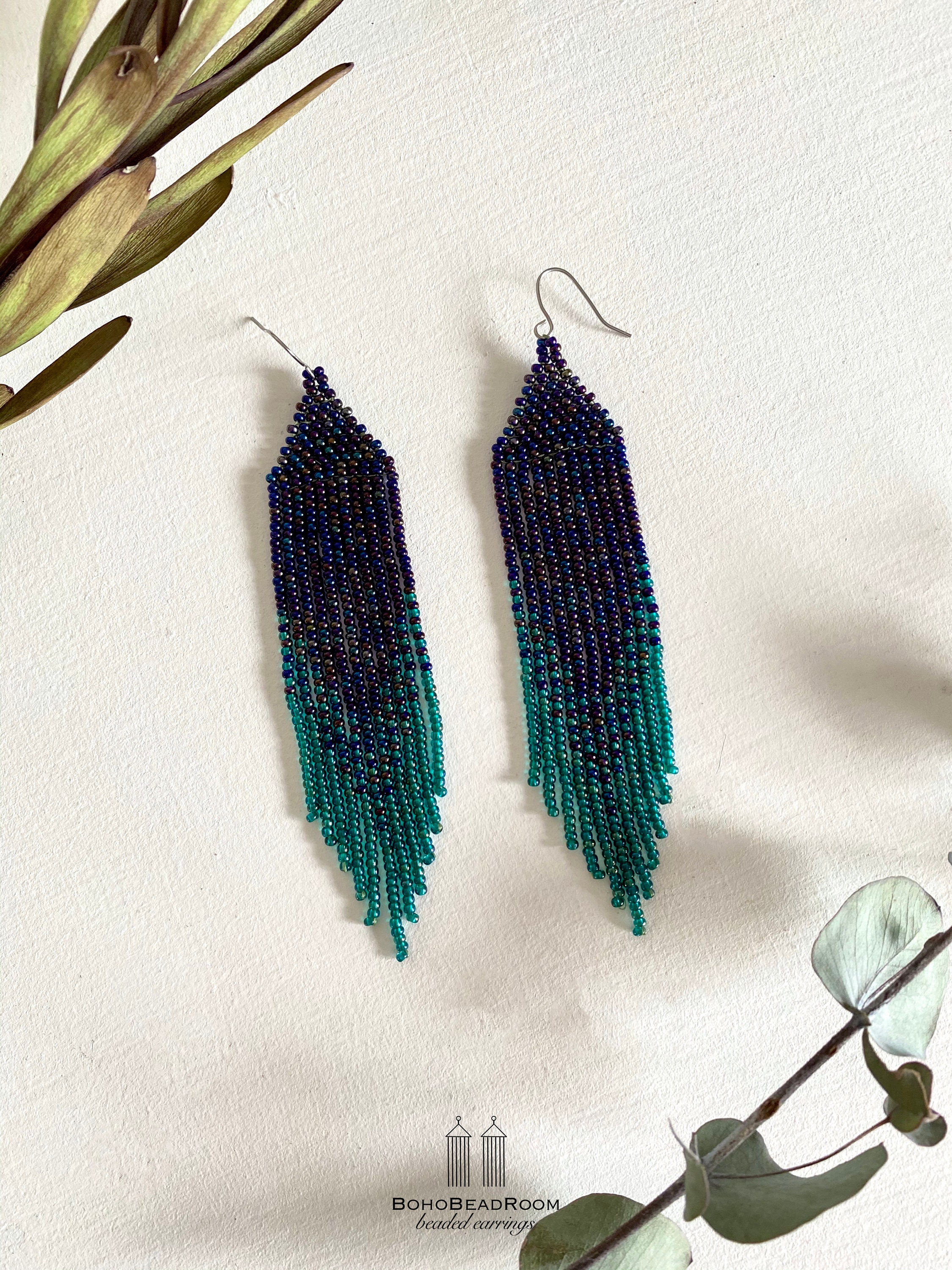 Navy Blue Beaded Earrings Fringe Seed Bead Earrings Blue Green Fringe ...