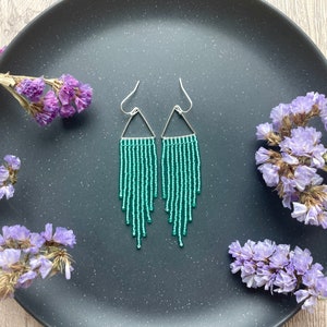 Shiny turquoise beaded earrings Bright seed bead earrings Fringe bead earrings Triangle beaded Earrings Bohemian earrings Gift For Her
