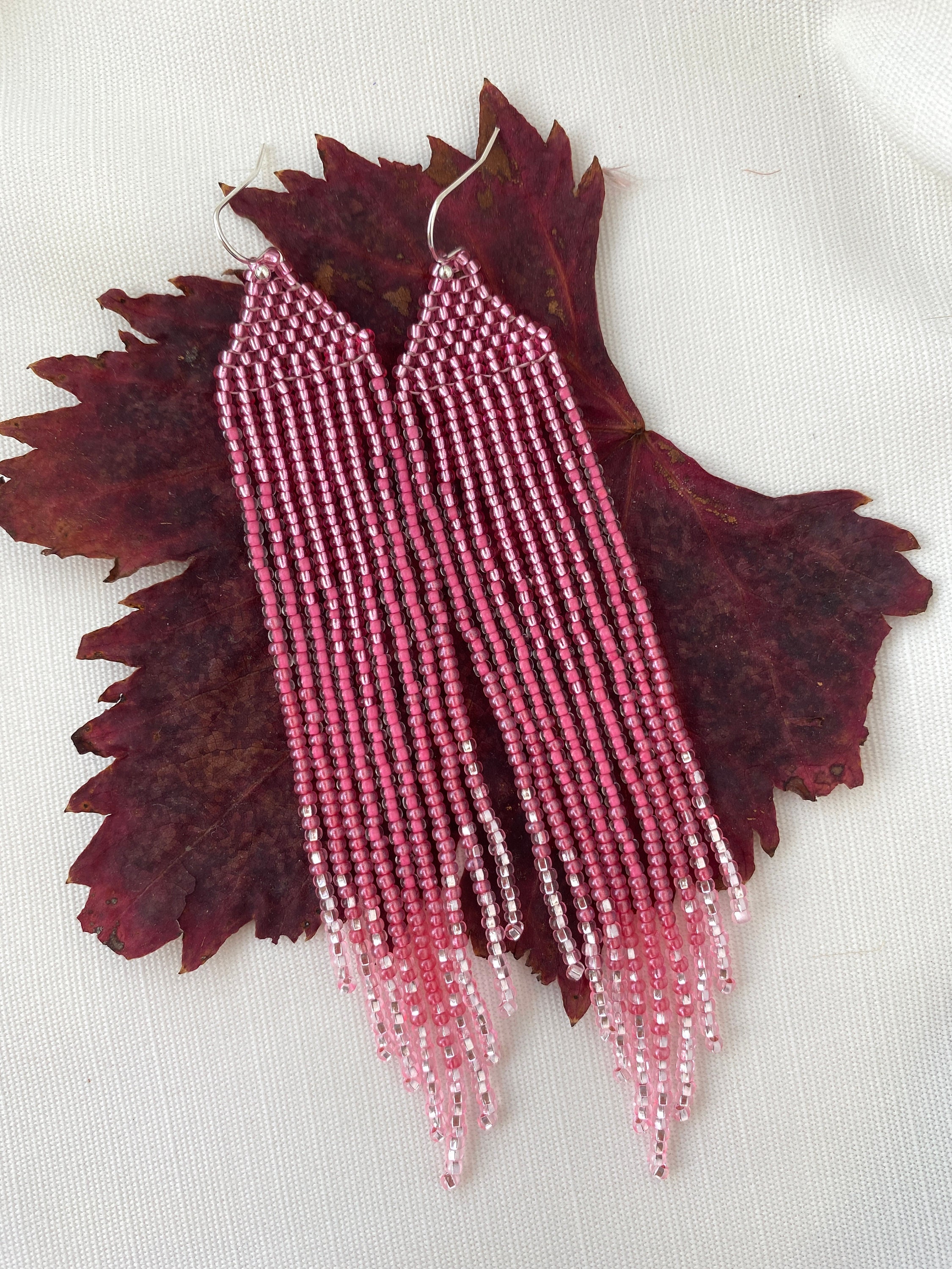 Pink Beaded Earrings Ombre Seed Bead Earrings Fringe Beaded Earrings ...