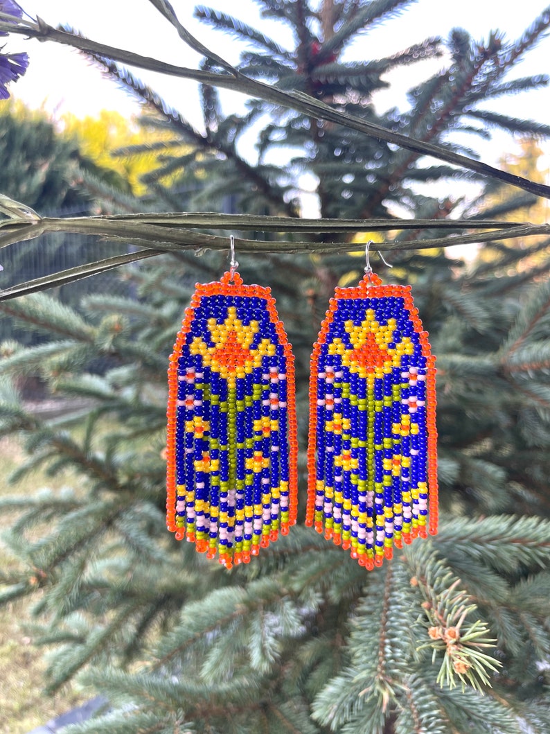 Flowers beaded earrings Floral seed bead earrings Fringe bead earrings Bright bead earrings Colorful earrings Boho Hippie style Gift for her image 3