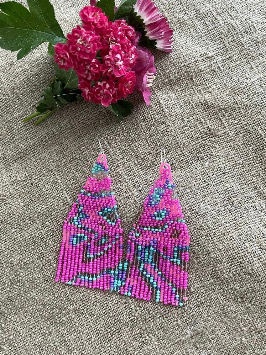 Pink Beaded Earrings Neon Pink Seed Bead Earrings Fringe Beaded ...