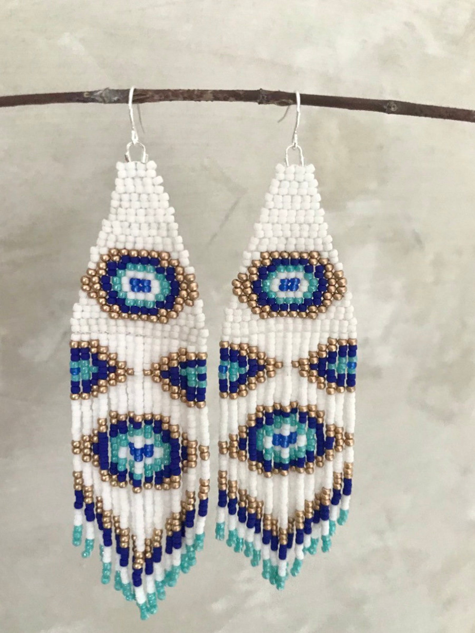 Evil Eye Beaded Earrings Seed Bead Earrings Fringe Dangle Etsy