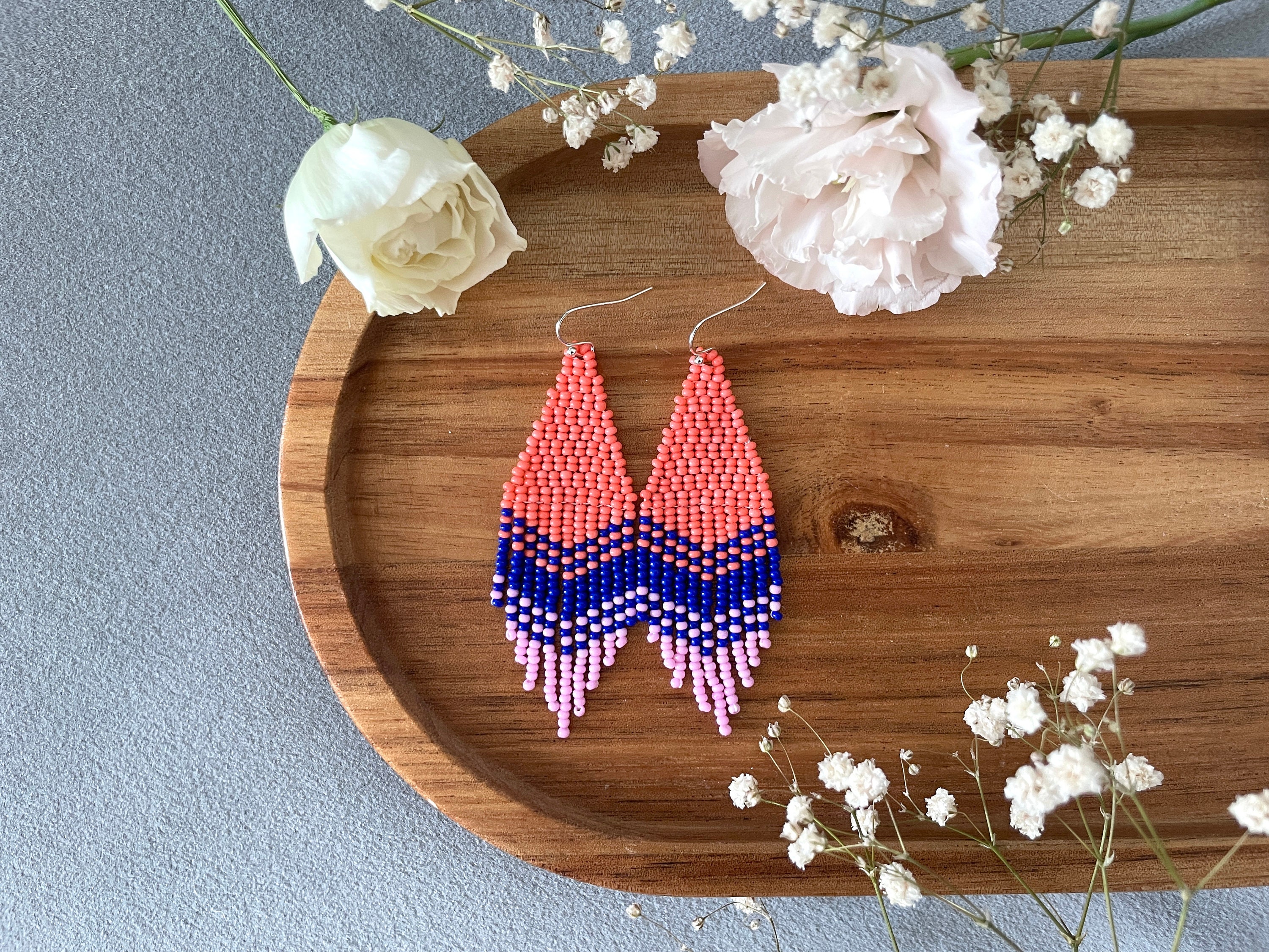 Bright Beaded Earrings Fringe Seed Bead Earrings, Coral, Blue, Pink ...