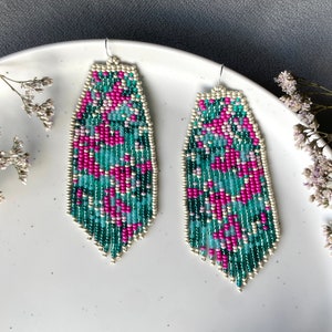 Turquoise pink beaded earrings Fringe seed bead earrings Bright beaded earrings Abstract earrings Gift for her Boho bead earrings
