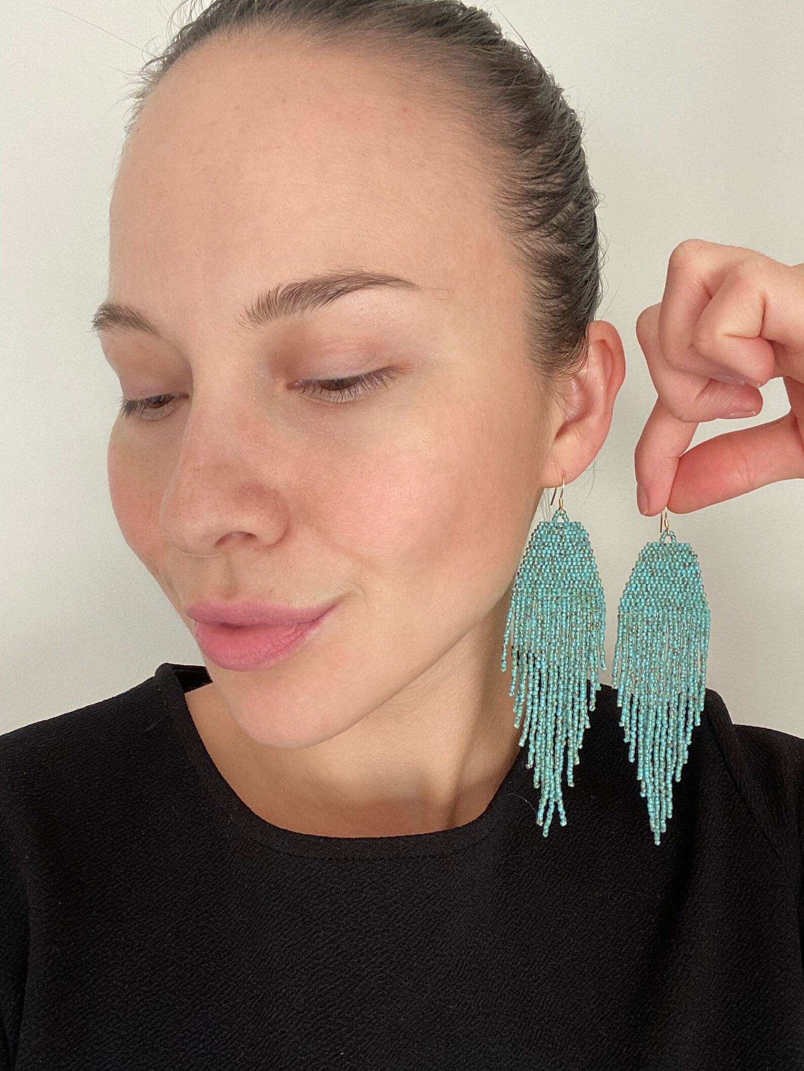 Turquoise Seed Bead Earrings Marble Bead Earrings Fringe Etsy
