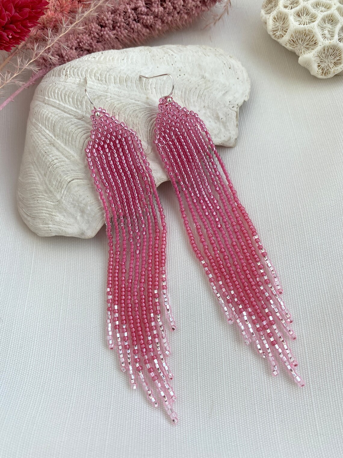Pink Beaded Earrings Ombre Seed Bead Earrings Fringe Beaded Earrings ...
