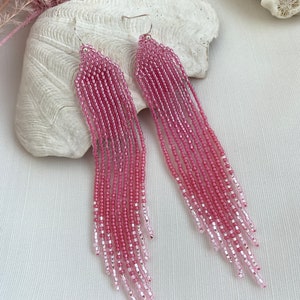 Pink Beaded Earrings Ombre Seed Bead Earrings Fringe Beaded Earrings ...