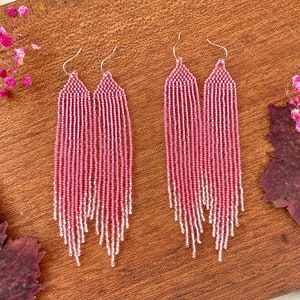 Pink beaded earrings Ombre seed bead earrings Fringe beaded earrings Long bead earrings Gift for her Bohemian bead earrings Evening earrings