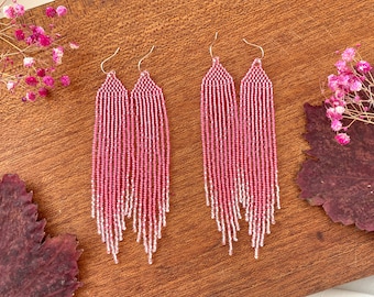 Pink beaded earrings Ombre seed bead earrings Fringe beaded earrings Long bead earrings Gift for her Bohemian bead earrings Evening earrings