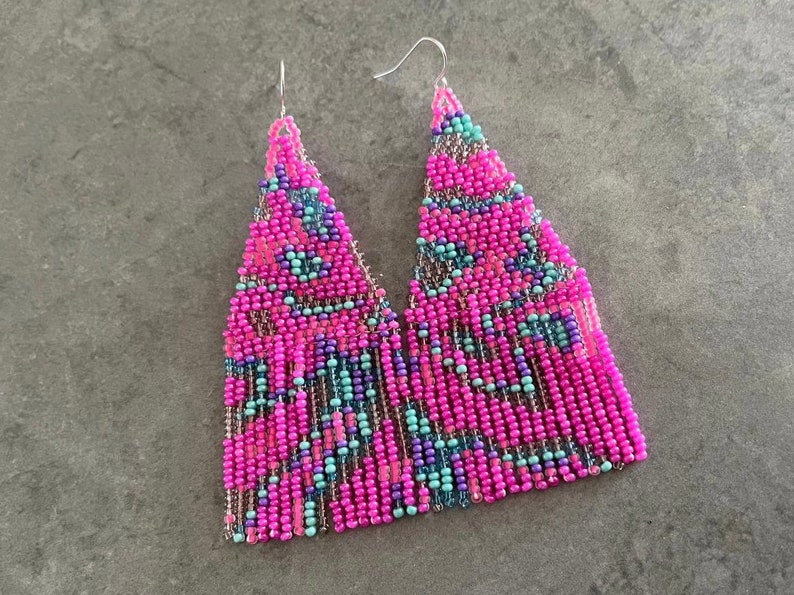 Pink Beaded Earrings Neon Pink Seed Bead Earrings Fringe Beaded ...