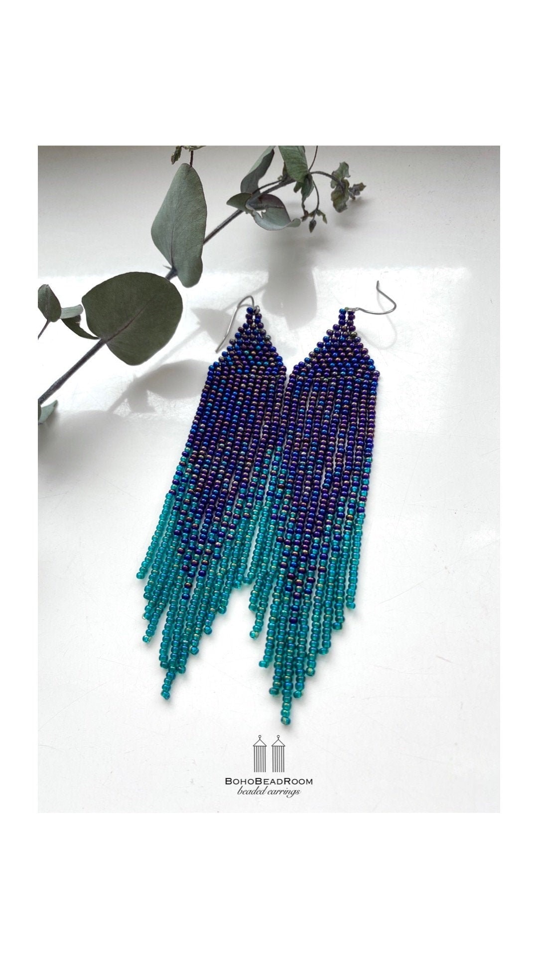 Navy Blue Beaded Earrings Fringe Seed Bead Earrings Blue Green Fringe ...