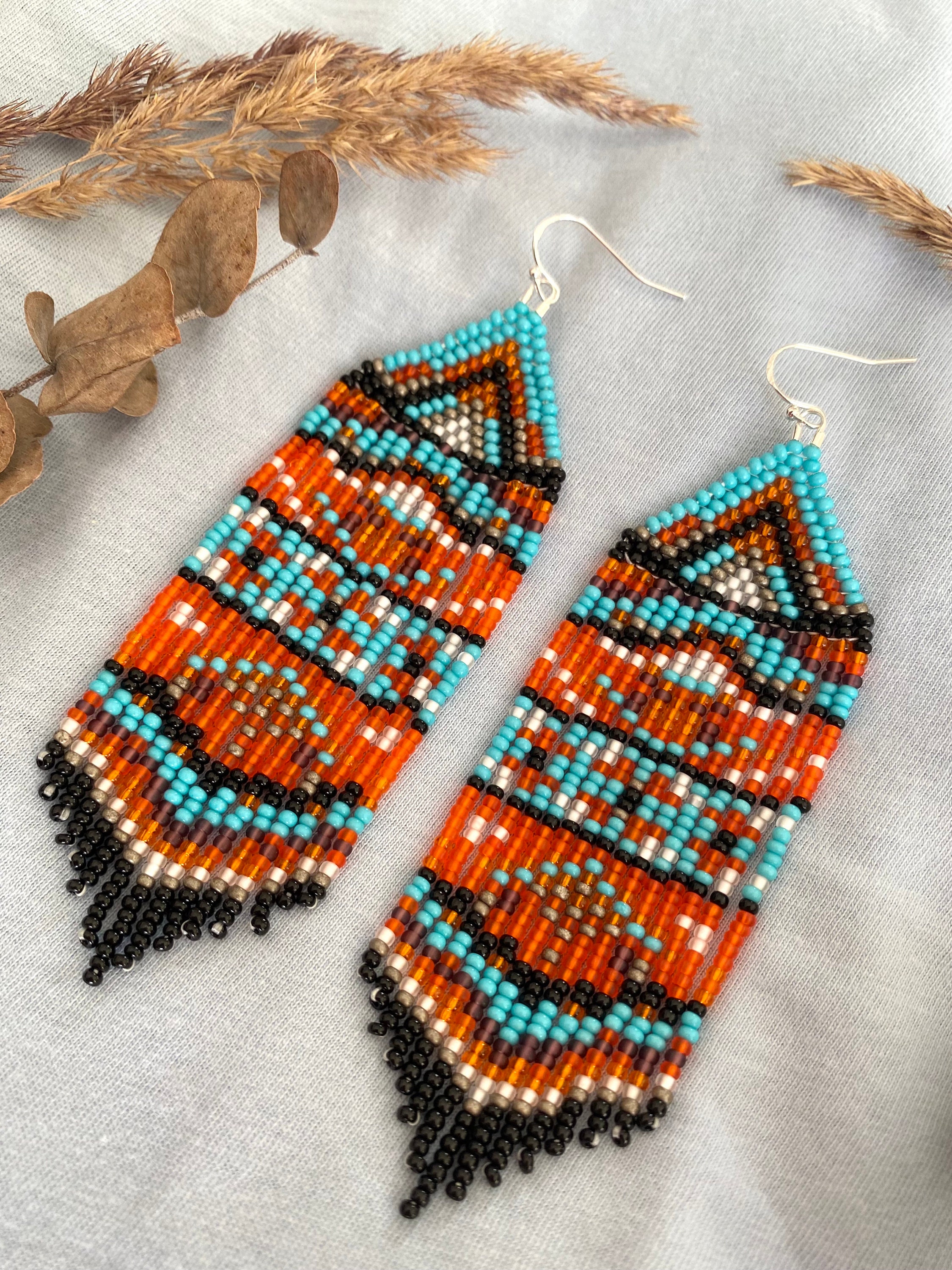 Tribal seed bead earrings Native beaded earrings Dangle Fringe | Etsy