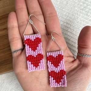 Red heart beaded earrings Heart seed bead earrings Valentine's day gift Red Pink heart earrings Valentine Gift for her Modern bead earrings image 9