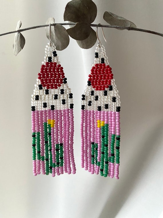 Cactus beaded earrings Nature seed bead earrings Fringe earrings Sunset earrings Gift for her Plant green cactus Pink earrings Red Sun