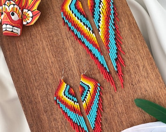 Colorful Beaded Earrings – Long Tribal Seed Bead Fringe Earrings, Large Multicolor Dangle Earrings, Ethnic Jewelry