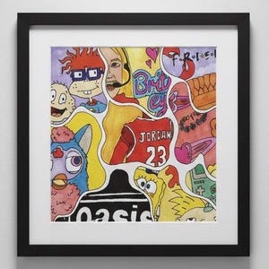 May include: A framed watercolour artwork with a collage of cartoon characters and pop culture references. The artwork includes a red basketball jersey with the number 23, the word "Oasis", and the name "Britney". The colour palette includes red, yellow, blue, and pink.