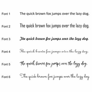 May include: Six different font styles of the phrase "The quick brown fox jumps over the lazy dog."