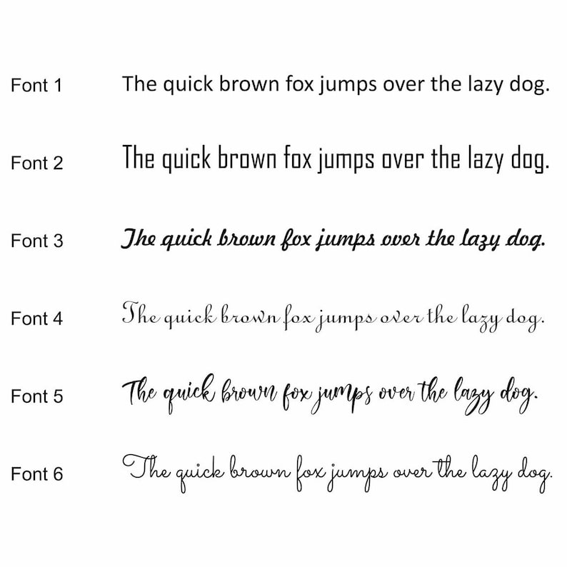 May include: Six different font styles of the phrase "The quick brown fox jumps over the lazy dog."