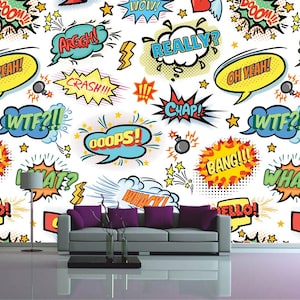 Peut inclure: Un fond blanc avec des bulles de bande dessinée colorées avec des mots comme "Wow!" "Vraiment?" "Bang!" "Quoi?" "OMG!!!" et "Whacky!"