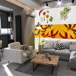 Peel and stick spices and herbs wallpaper Kitchen print Fruit mural Self-Adhesive pepper art Dining room decal Gift to chef Wallpaper roll