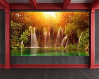 Waterfall decal River wall décor Water wall sticker Rock artwork Nature wall art Forest photo Window 3D vinyl Landscape art Trees picture