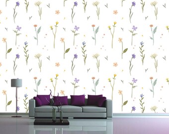 Wildflower wallpaper Field floral wall mural Grass decal Plant print Botanical décor Removable art Colorful room Garden Mural Nature Gift