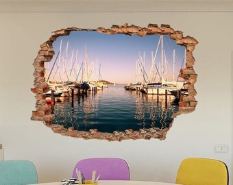 Beach decal Boat wall decor Sea art prints Seascape gift Ocean sticker Modern artwork 3D vinyl Office mural Nautical photo Sea dock art