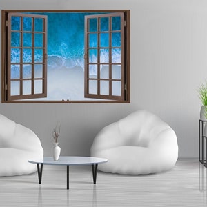 Décalcomanie de mur d’océan Décor Waterscape Autocollant de mer Art mural bleu Décor de bord de mer Impression de paysage paysage Cadeau de paysages Impressions d’art de la nature Fenêtre Vinyle 3D