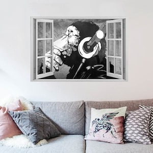 May include: A black and white illustration of a gorilla peering out of a window. The gorilla is holding a microphone in its hand. The window is framed in white.