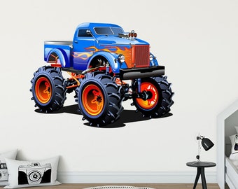 May include: A blue monster truck with orange wheels and flames on the side. The truck is on a white background.