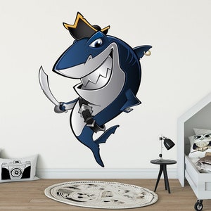 Shark wall decal Pirate wall art Kids art sticker Fish nursery décor Nautical vinyl Baby gift Ocean room décor Playroom print Sea life art