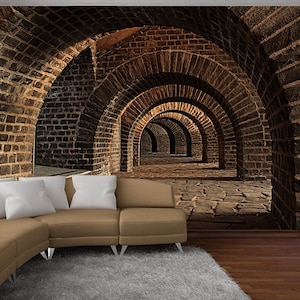Vaulted cellar wallpaper Brick arch Tunnel mural Dining room décor Peel and stick wall Ancient castle art old decal gift antique print