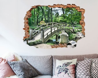 Bridge in park River decal Wall art decor Forest print Green picture Nature photo Stone artwork Landscape sticker Summer vinyl 3D wall decal