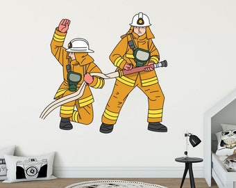 May include: Two cartoon firefighters in yellow and orange uniforms with helmets and gas masks. One firefighter is holding a hose and the other is holding the hose with one hand raised in the air.
