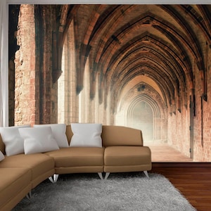 May include: A photo mural depicting a long, arched hallway with brick walls and a light at the end of the hallway.