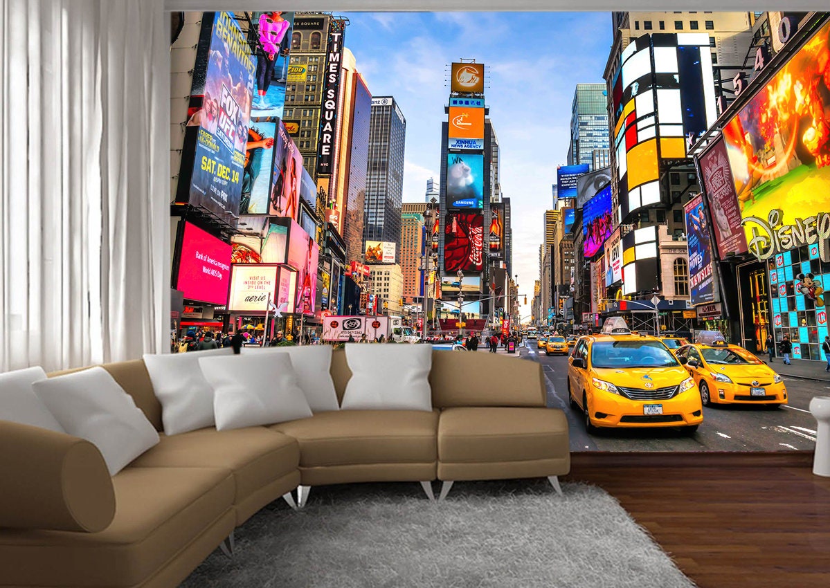 Etsy Colorful Wall Taxi NYC City Mural Gift Decor Print Peel Yellow Stick Photo Wallpaper Street Art Room York Cab New - Big Self-adhesive Decal