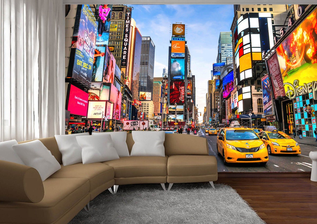 New York mural Self-adhesive art Cab wall print Room wallpaper Peel stick decor Yellow taxi decal NYC photo Street big city Colorful gift